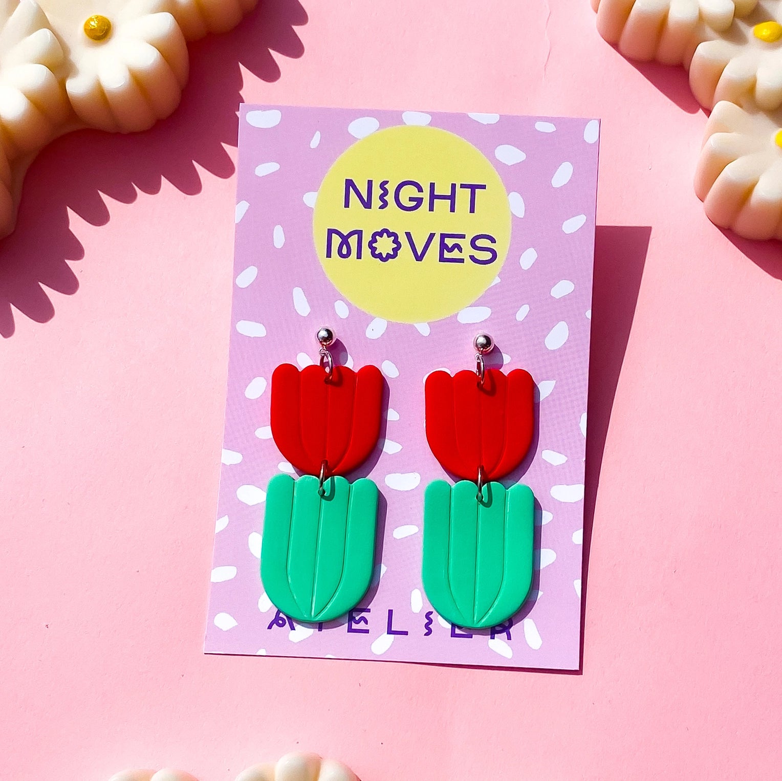 Pink Tulip Polymer Clay Dangle Earrings