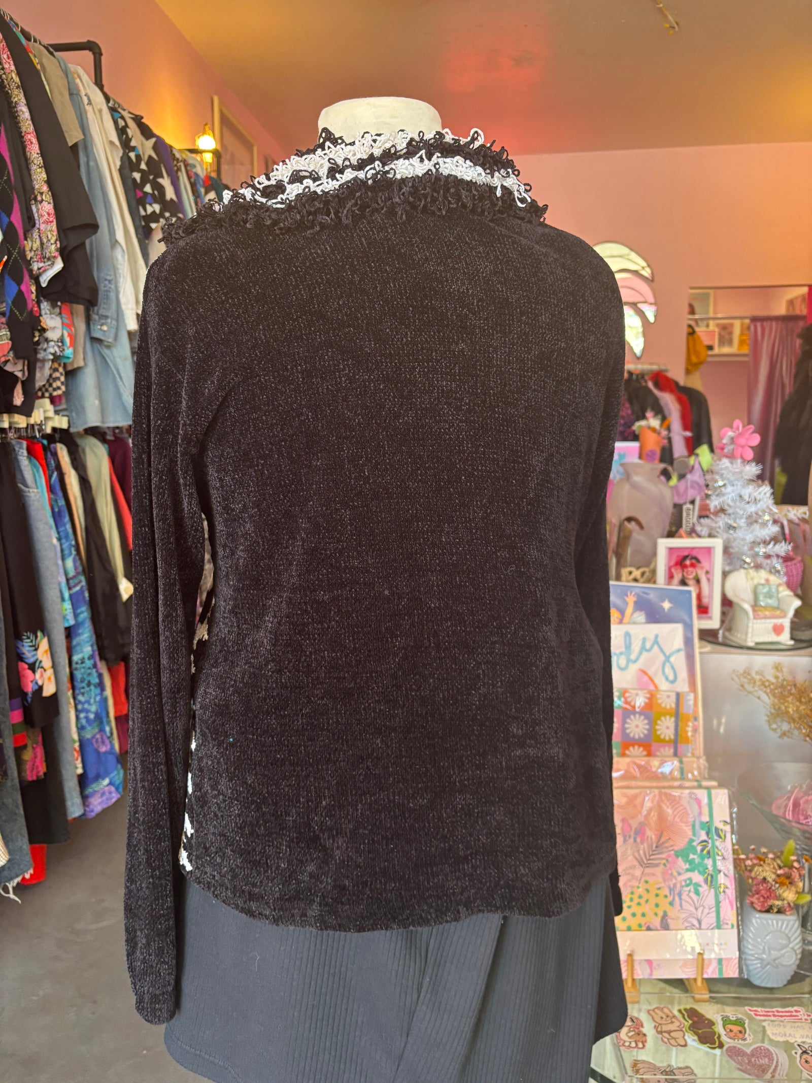 Houndstooth Chenille Cardigan with Loop Shag Collar - Size 2X-4X