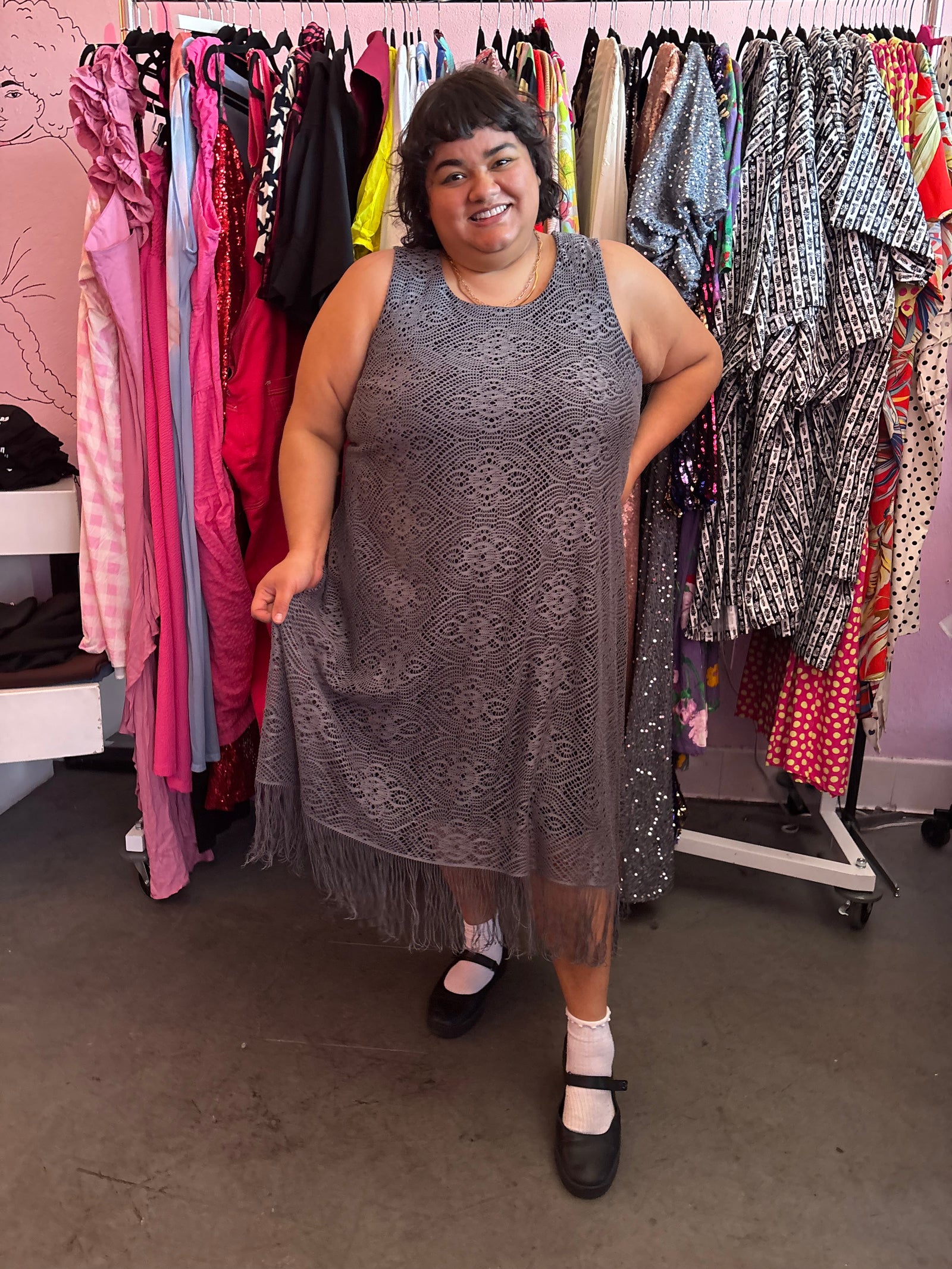 Grey Fauxchet Dress with Fringe - XXL