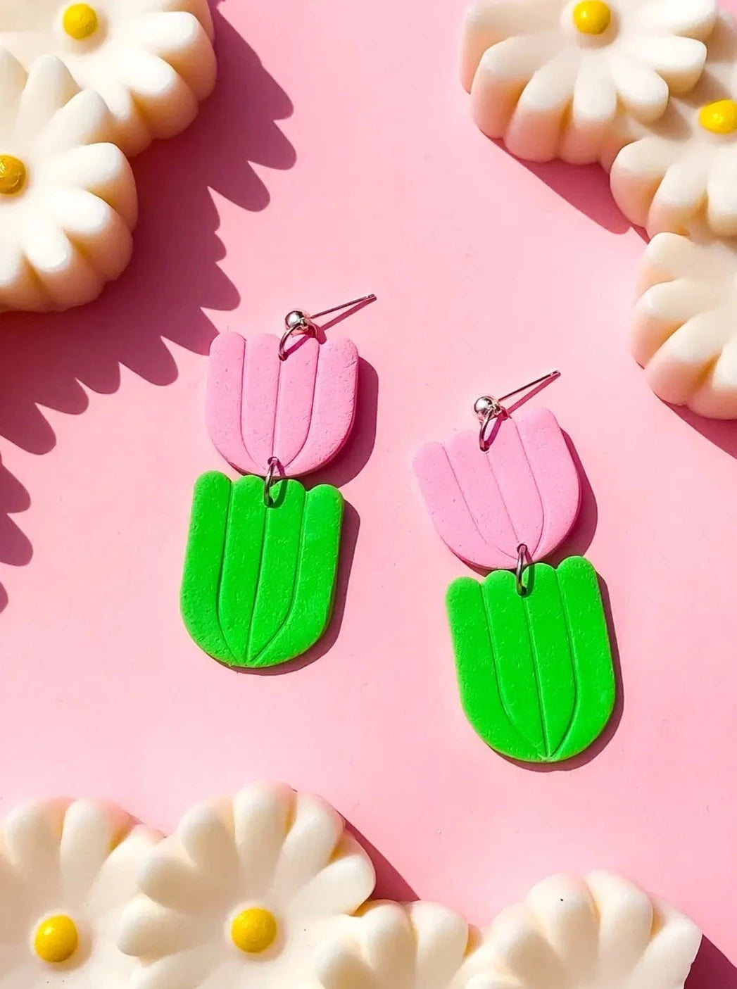 Pink Tulip Polymer Clay Dangle Earrings