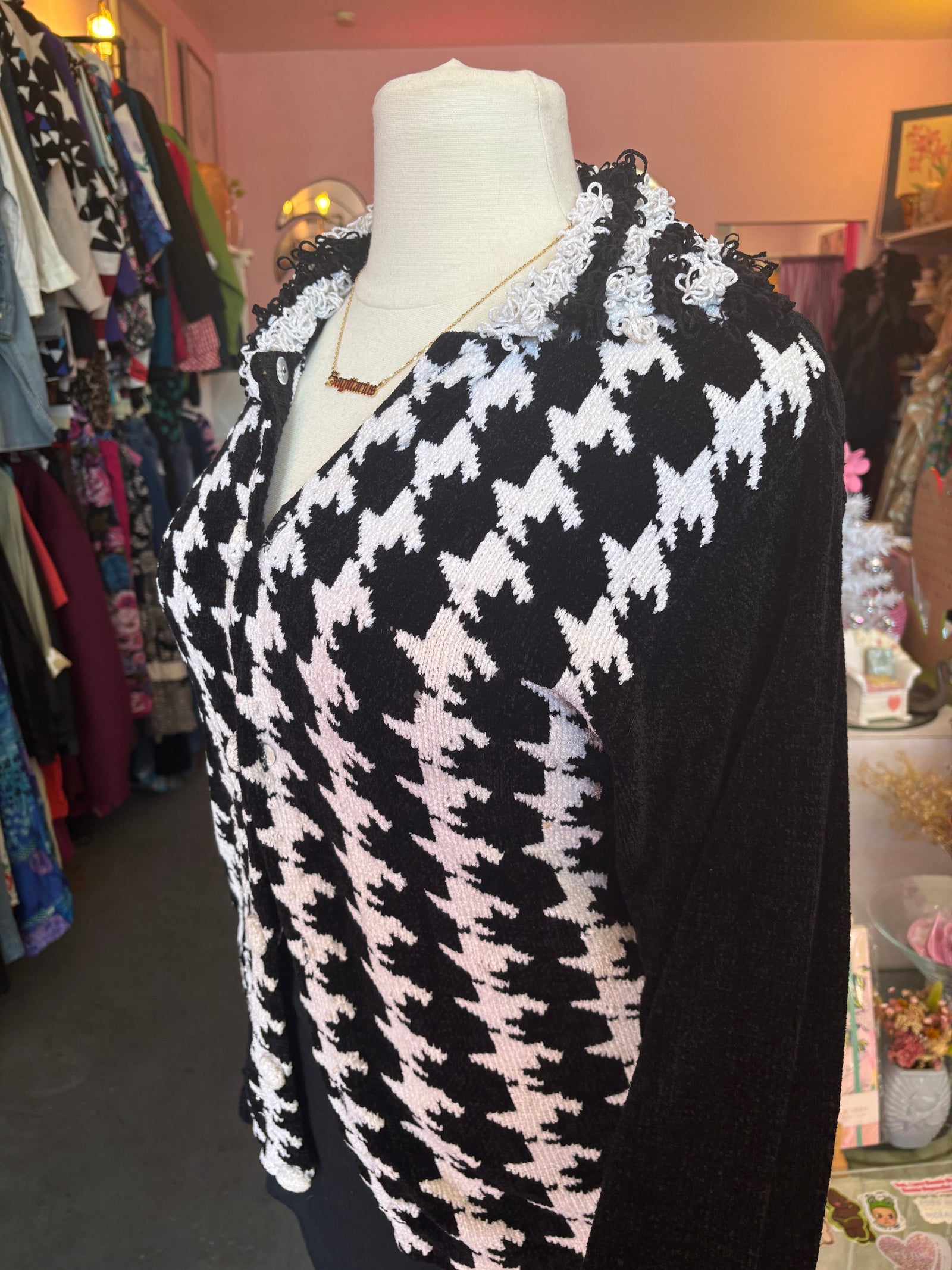 Houndstooth Chenille Cardigan with Loop Shag Collar - Size 2X-4X