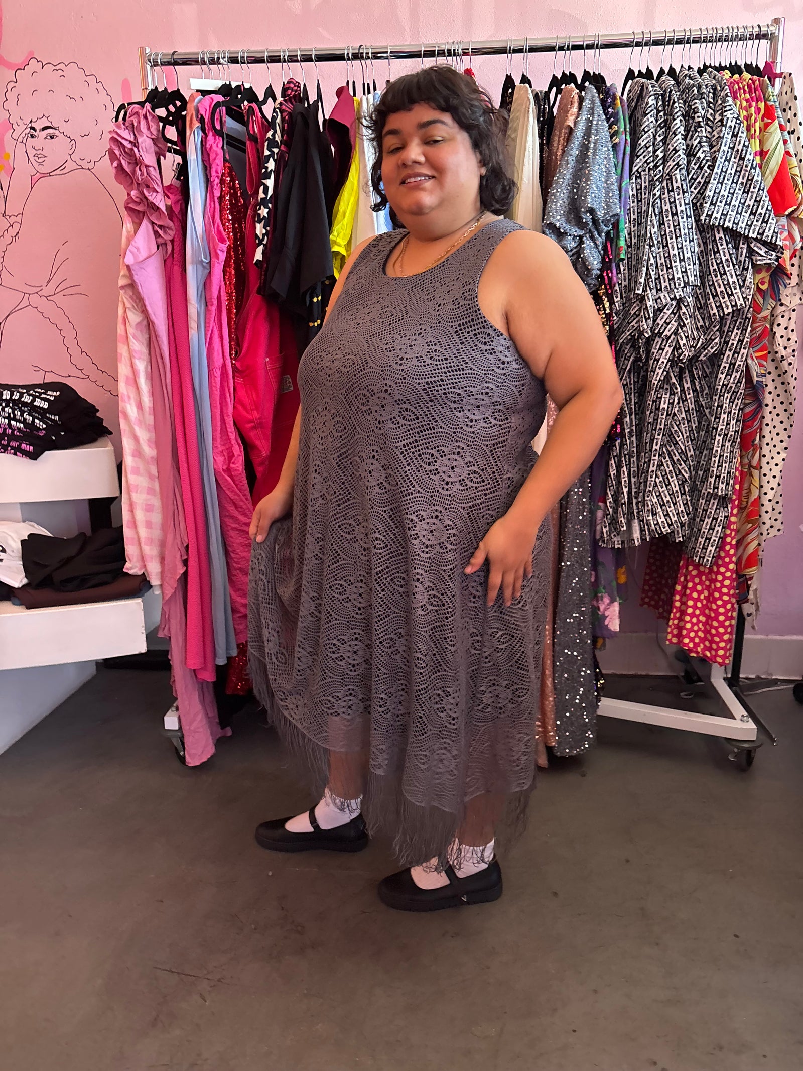 Grey Fauxchet Dress with Fringe - XXL