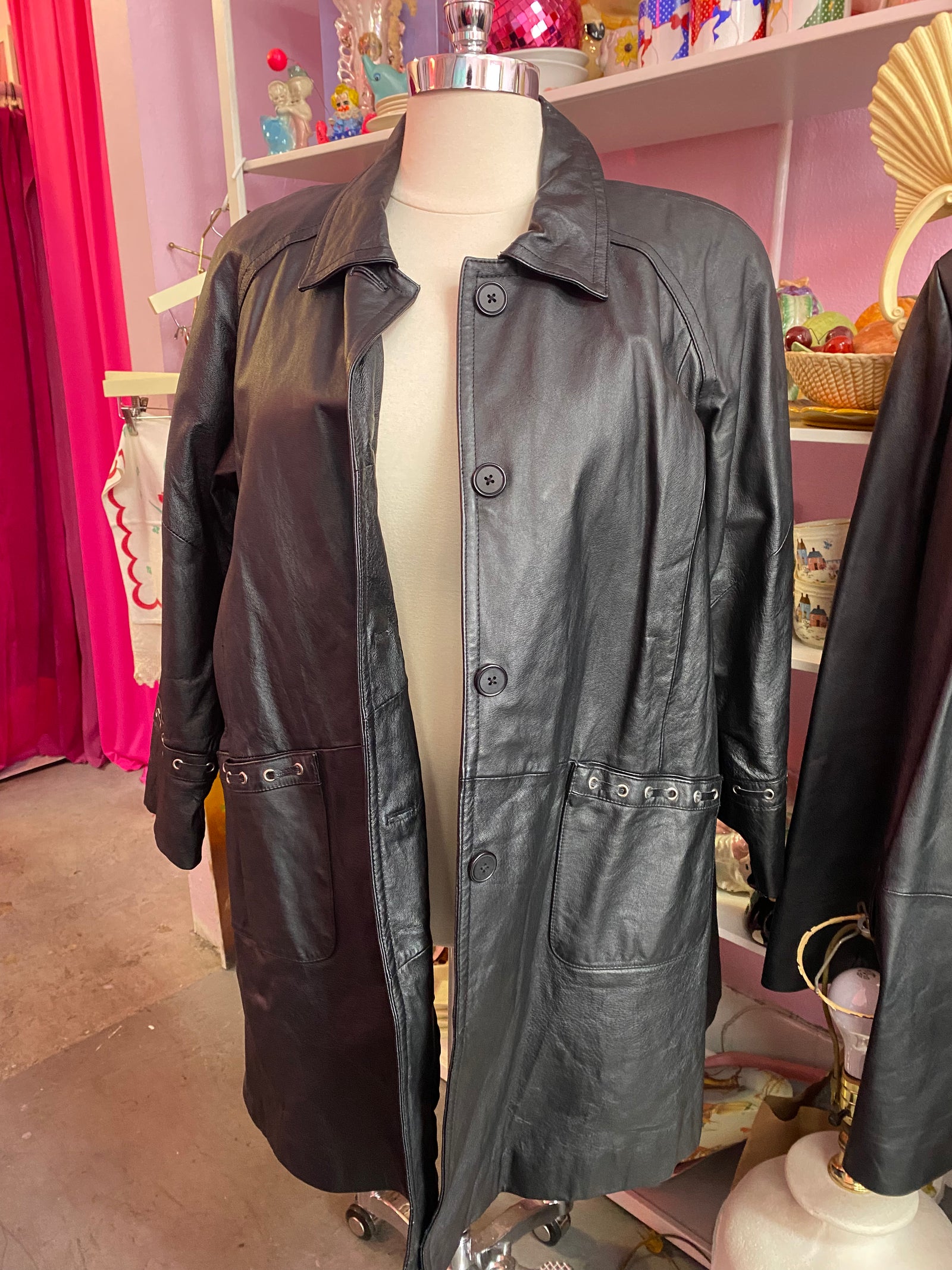 Vintage Jessica London Leather Midi Coat with Grommets - Size 22