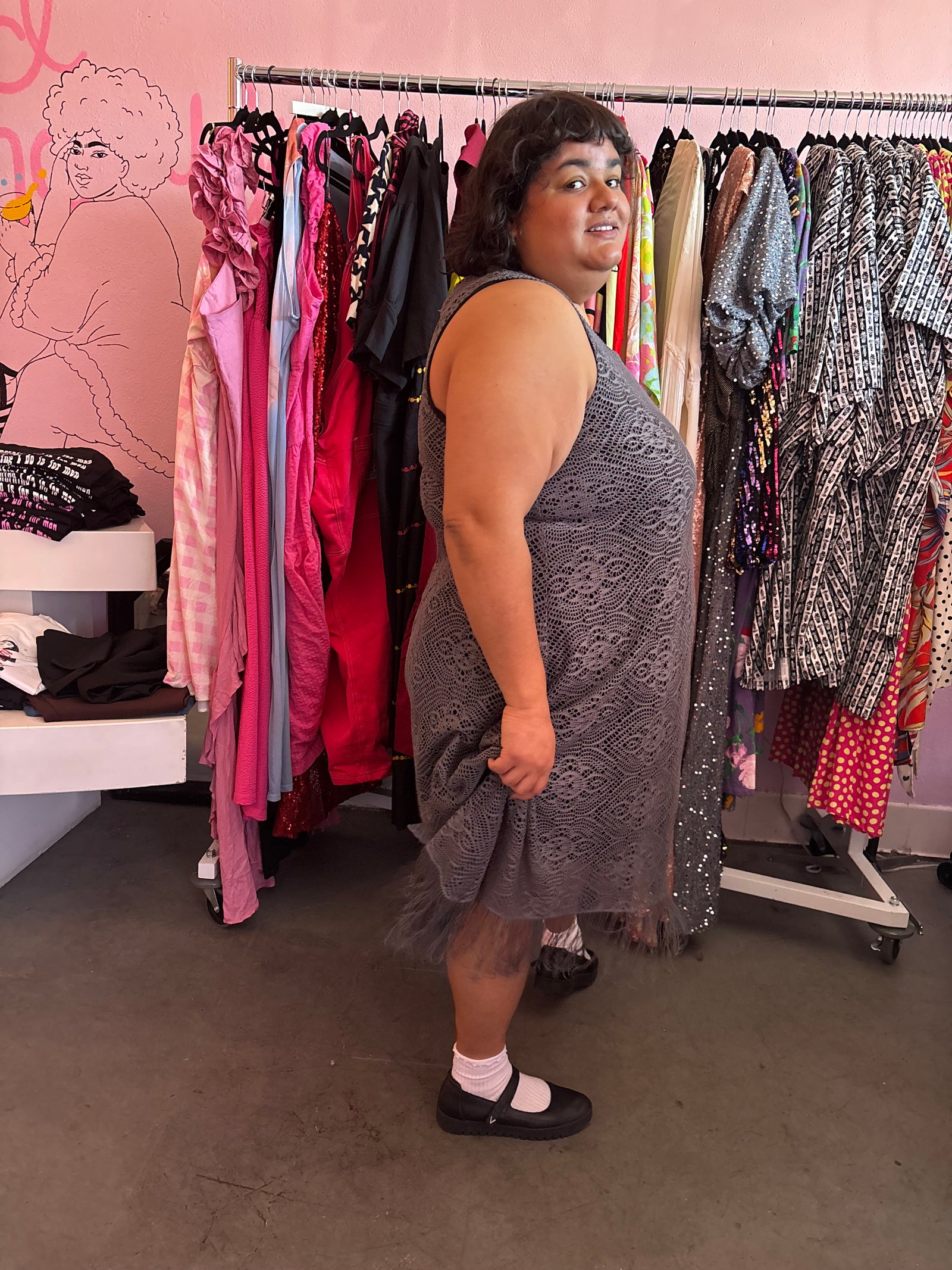 Grey Fauxchet Dress with Fringe - XXL