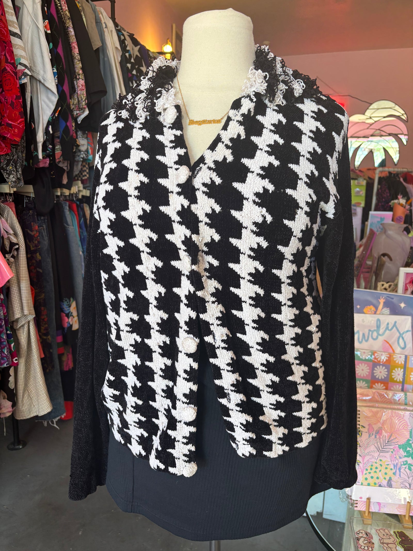 Houndstooth Chenille Cardigan with Loop Shag Collar - Size 2X-4X