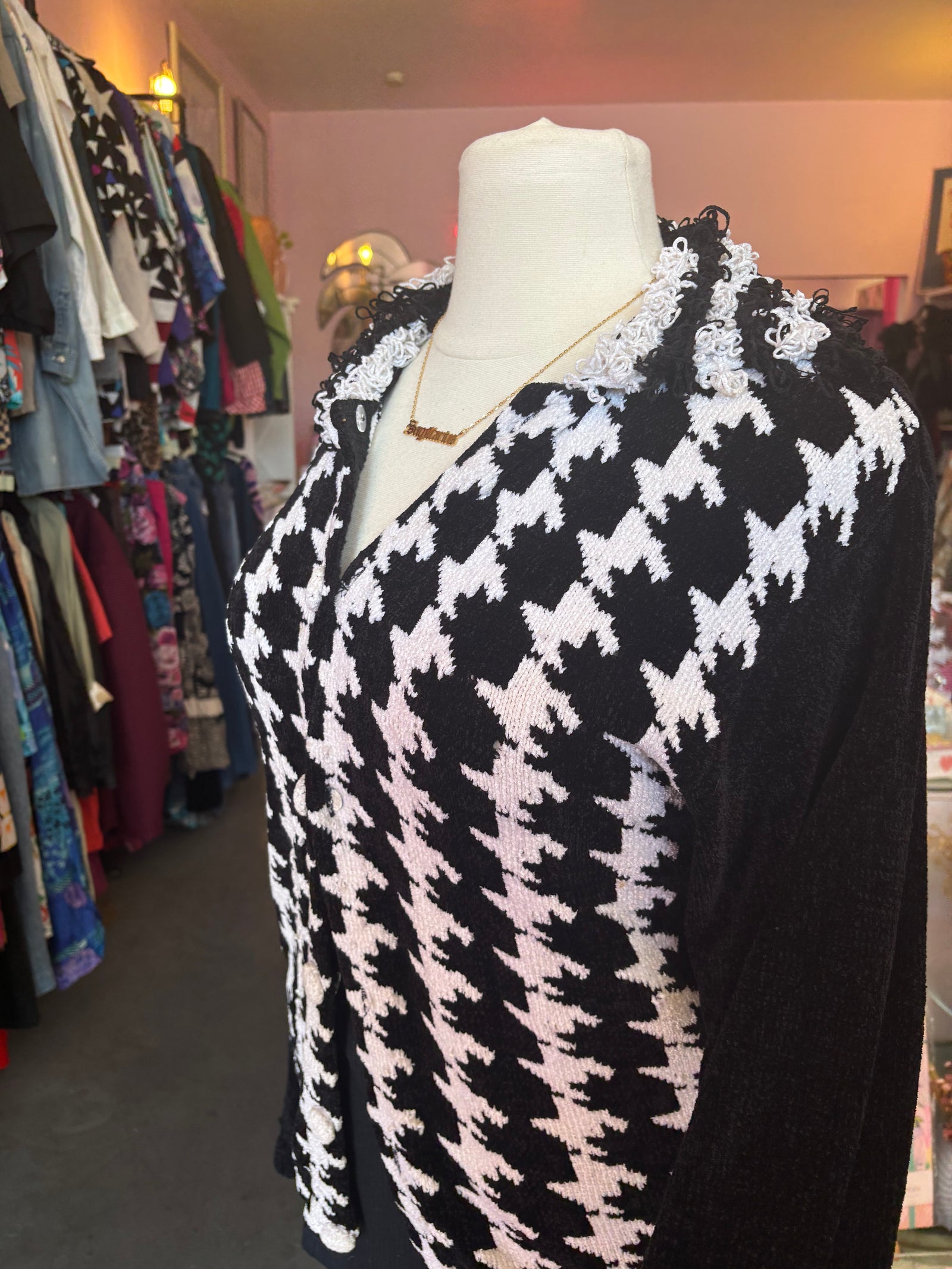 Houndstooth Chenille Cardigan with Loop Shag Collar - Size 2X-4X