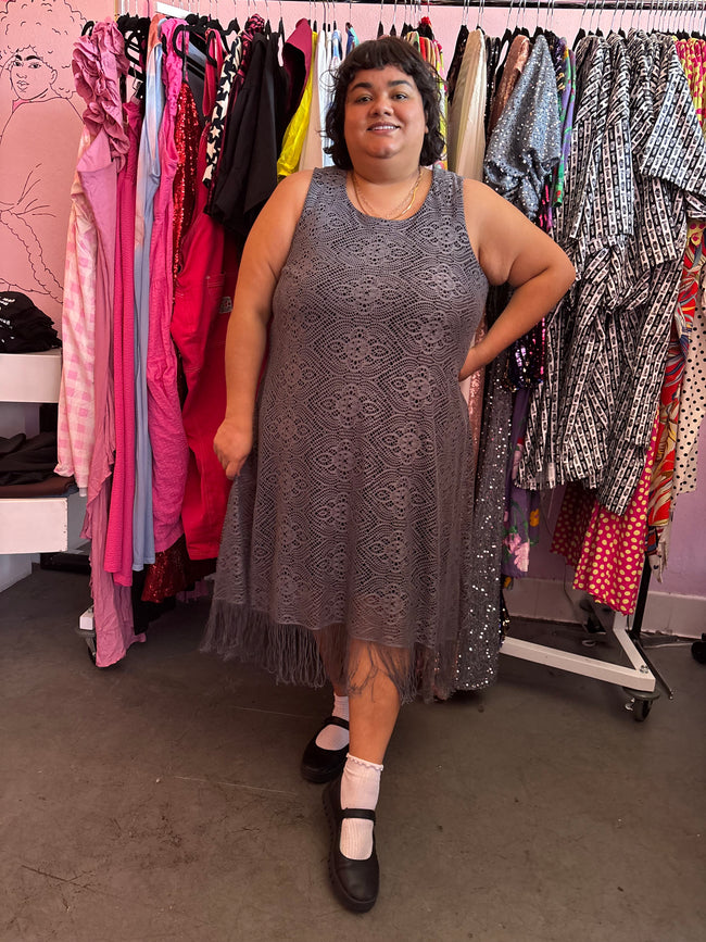 Grey Fauxchet Dress with Fringe - XXL