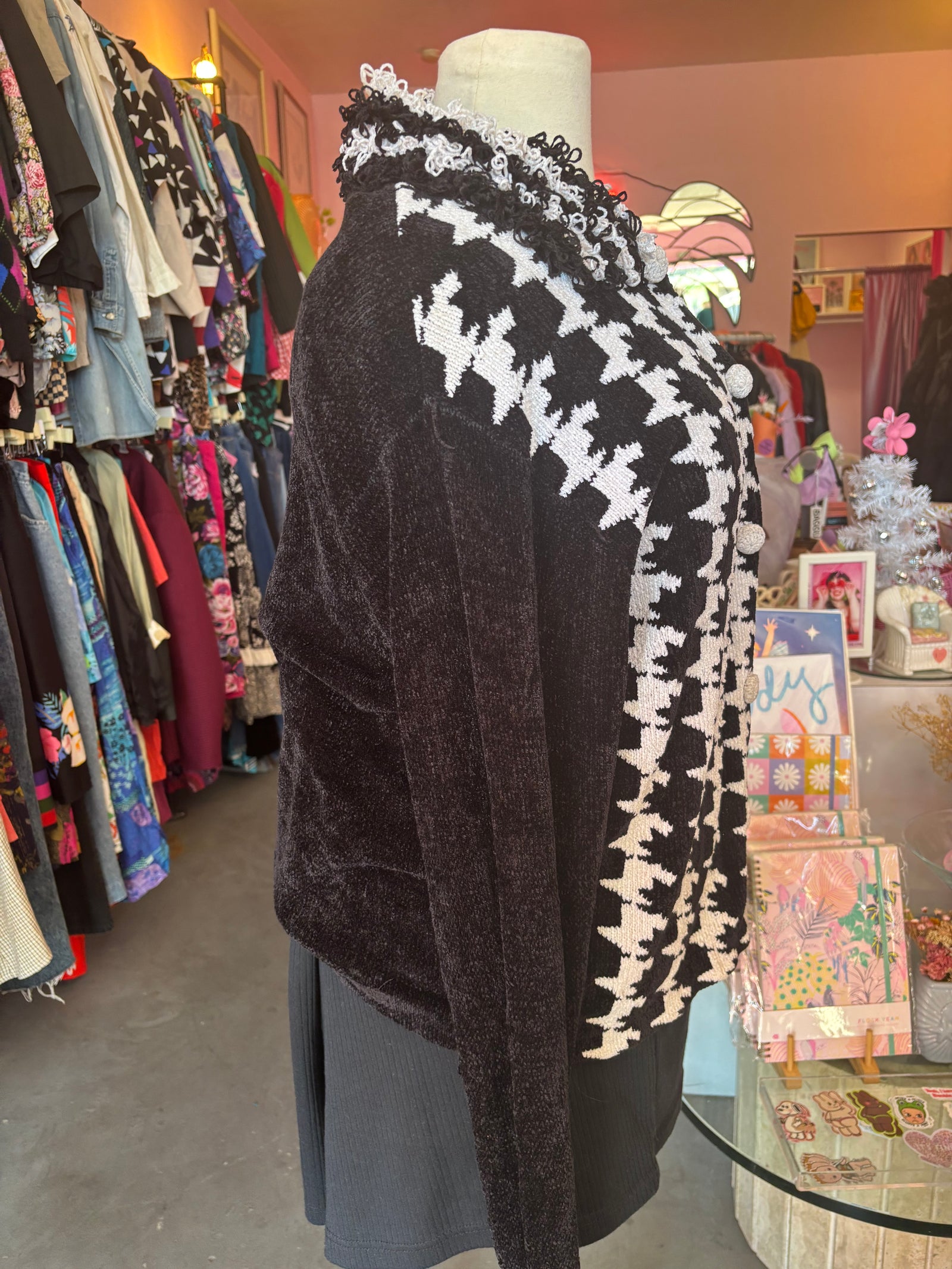 Houndstooth Chenille Cardigan with Loop Shag Collar - Size 2X-4X