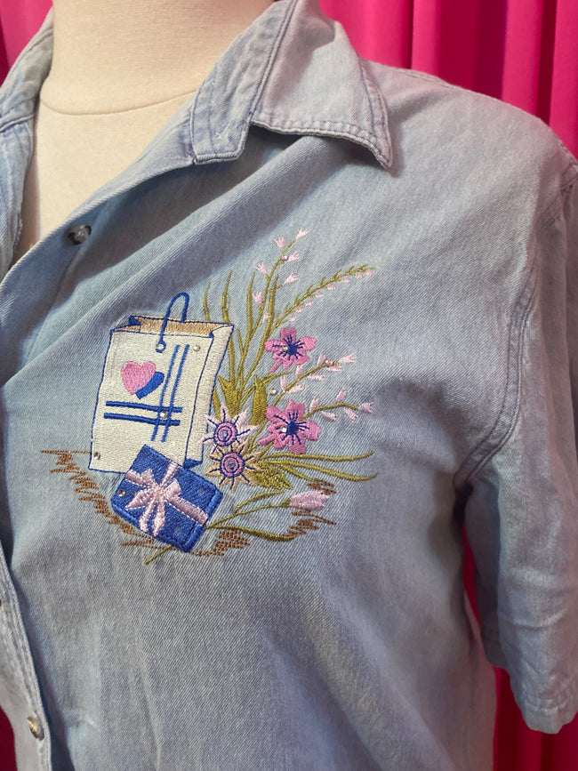 Embroidered Lightwash Button-up - 1X