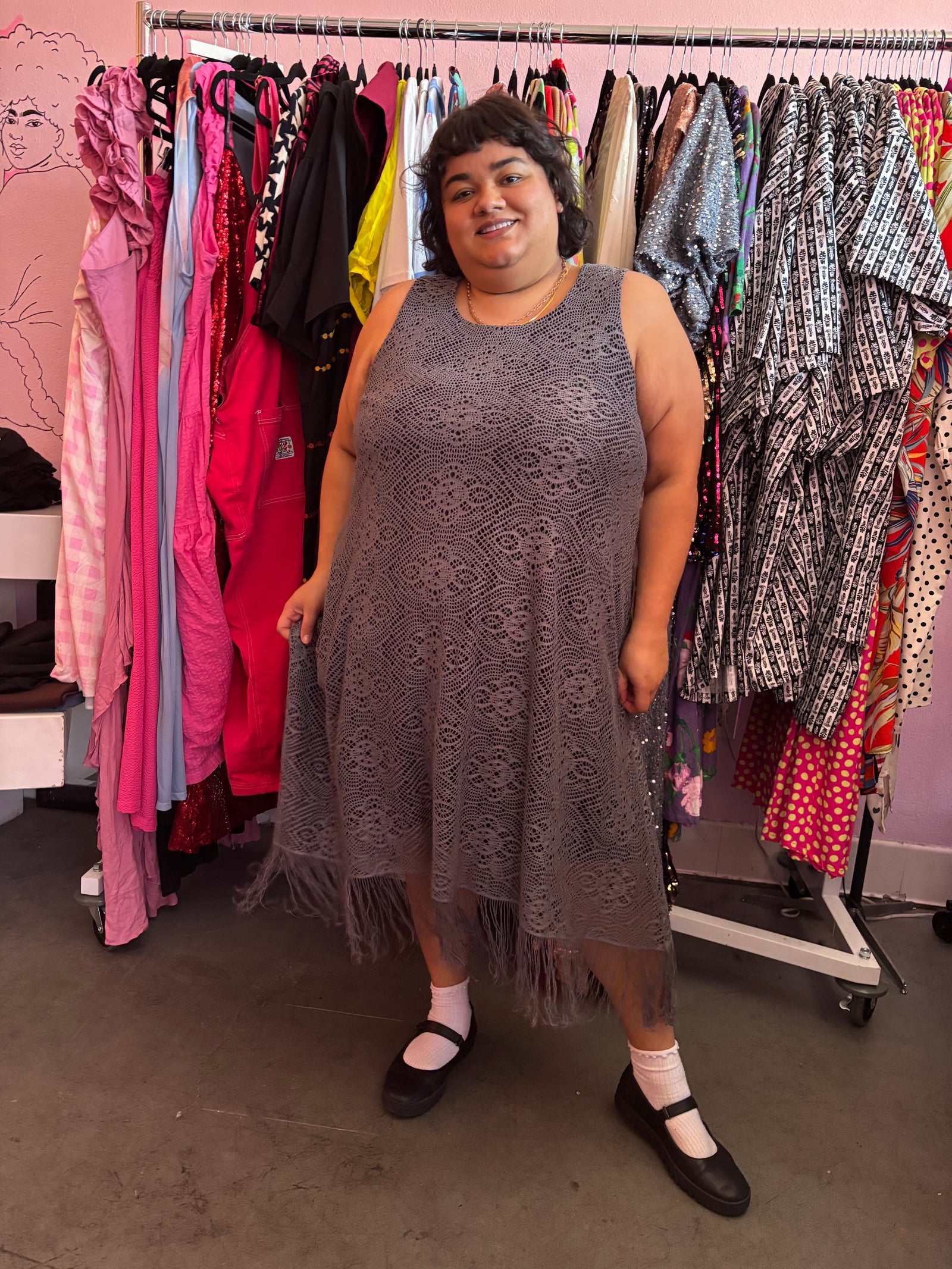 Grey Fauxchet Dress with Fringe - XXL