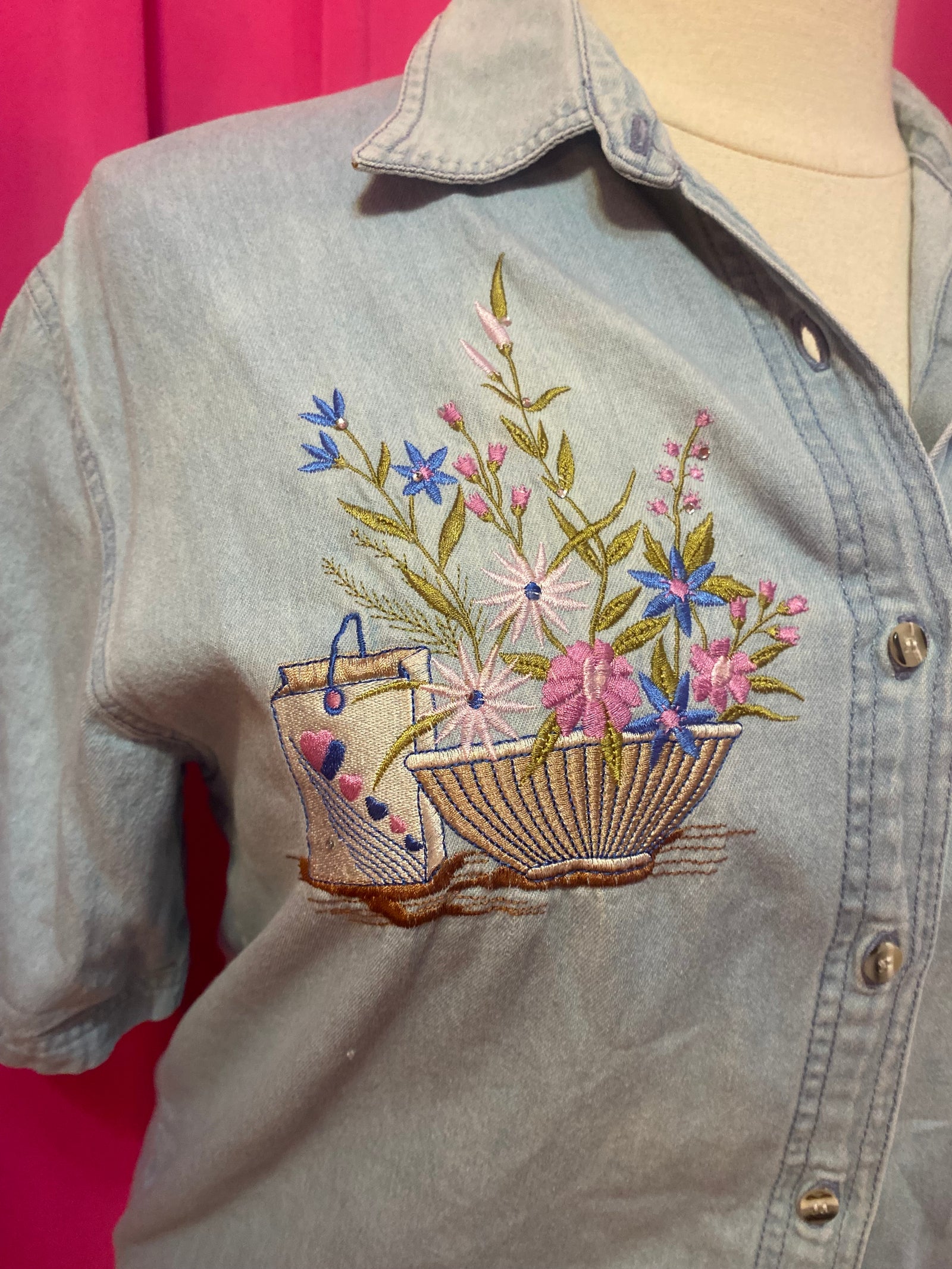 Embroidered Lightwash Button-up - 1X