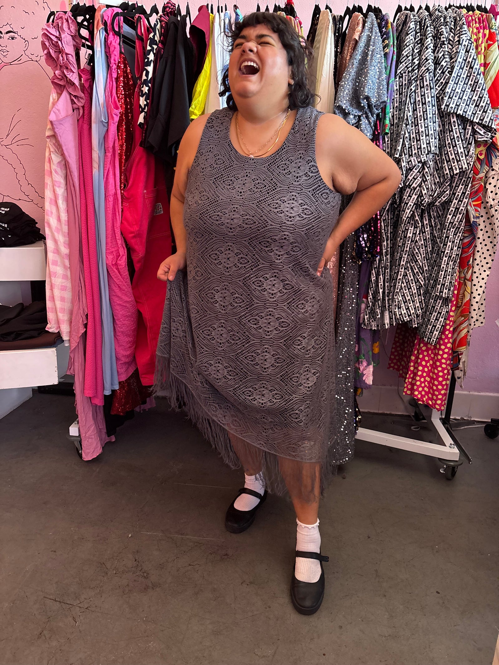 Grey Fauxchet Dress with Fringe - XXL