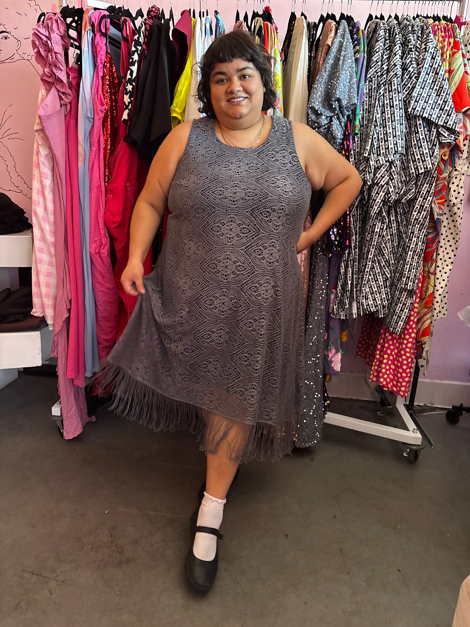 Grey Fauxchet Dress with Fringe - XXL