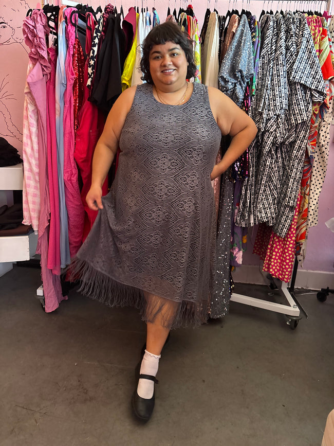 Grey Fauxchet Dress with Fringe - XXL