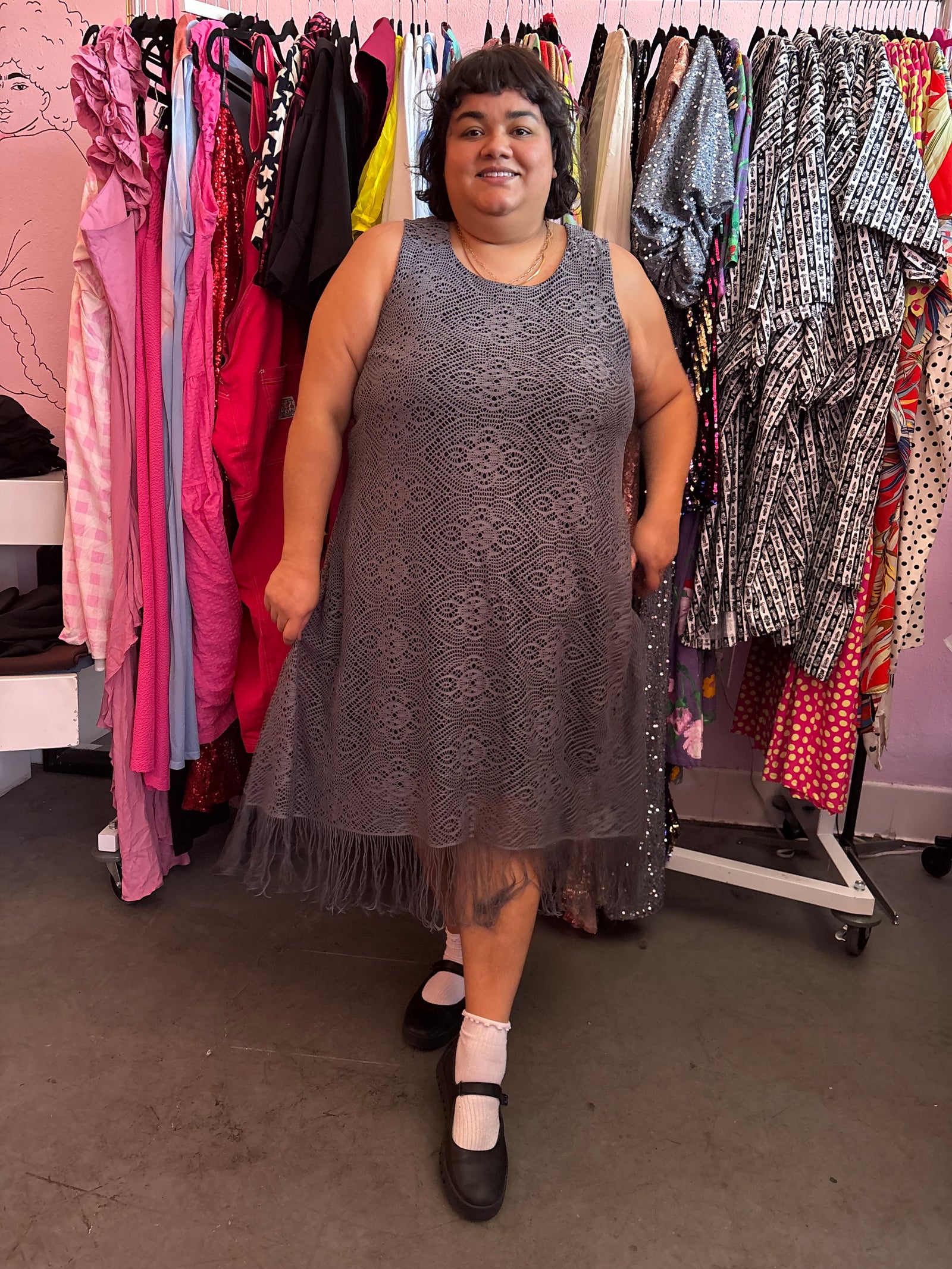 Grey Fauxchet Dress with Fringe - XXL