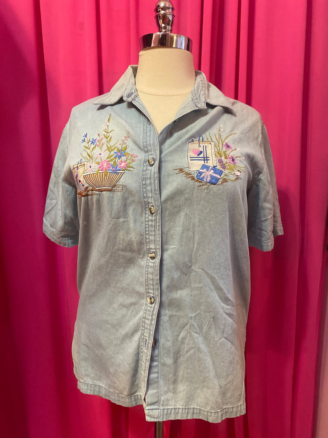 Embroidered Lightwash Button-up - 1X