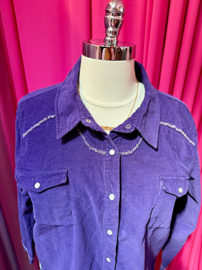 Royal Sparkle Corduroy Beaded Shacket - Size 3X