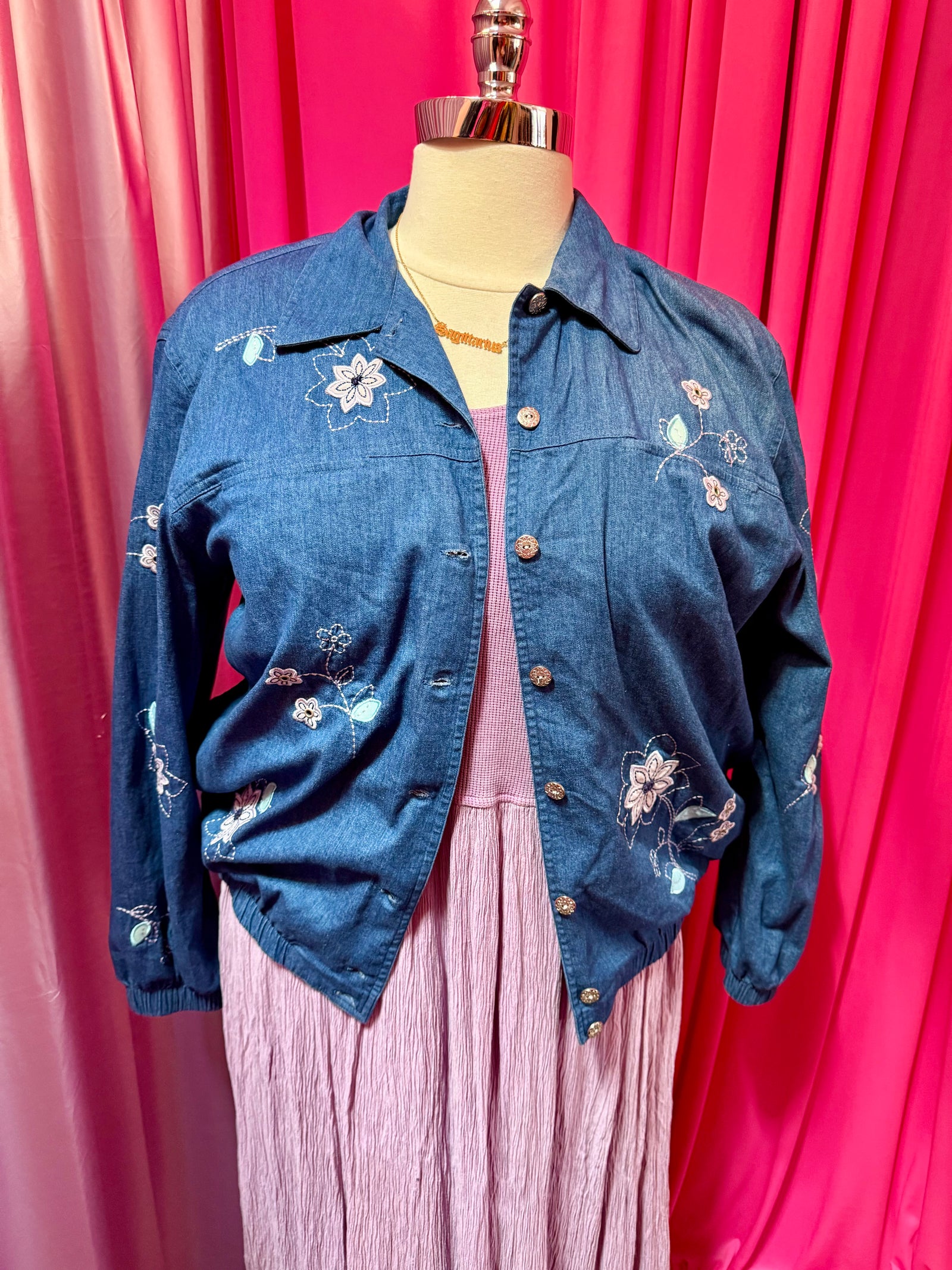 90s Flower Garden Embroidered Chambray Jacket - Size 16 1X