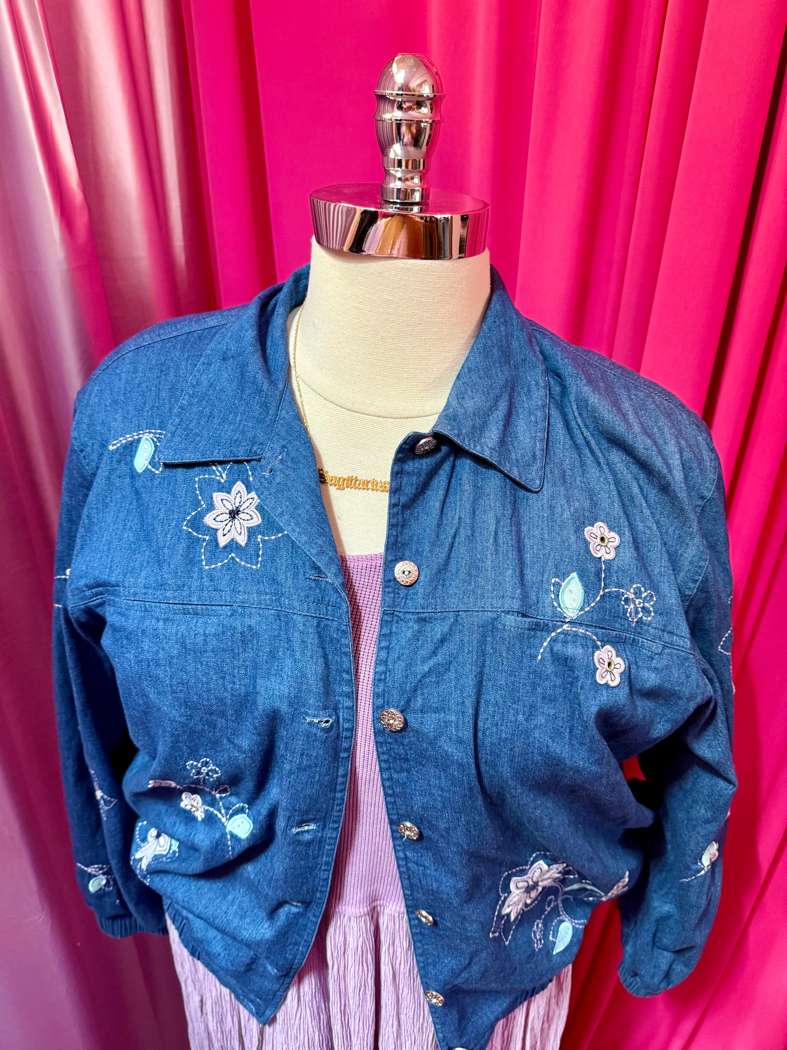 90s Flower Garden Embroidered Chambray Jacket - Size 16 1X