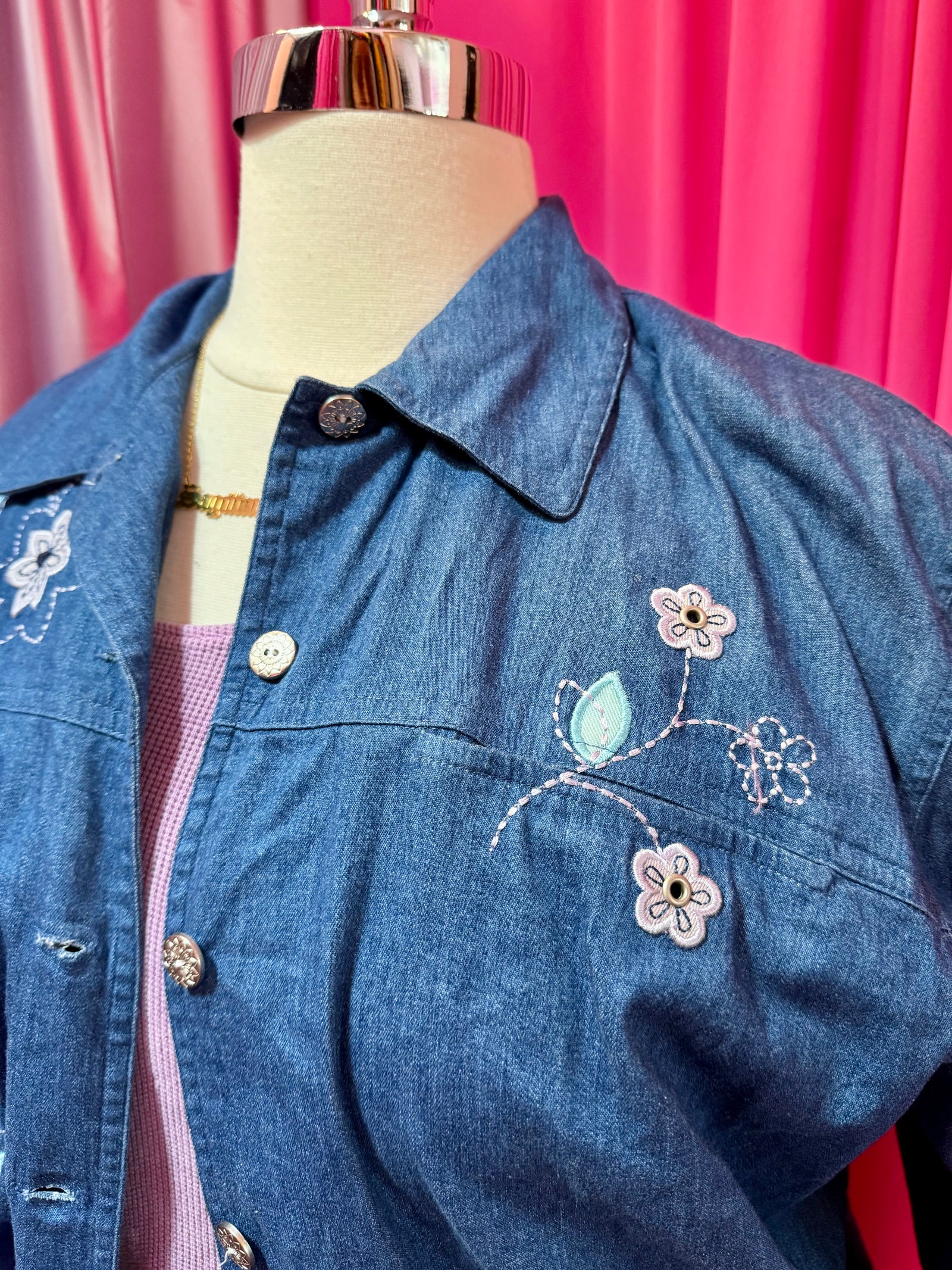 90s Flower Garden Embroidered Chambray Jacket - Size 16 1X