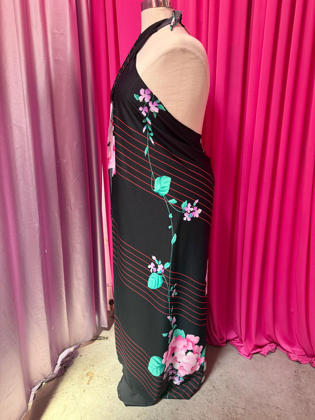 70s Florals and Stripes Halter Neck Longline Cover Up