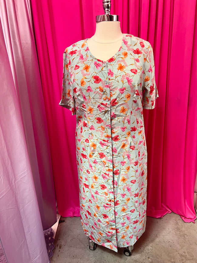 80s Jessica Bloom Baby Blue, Pink, and Orange Button Up Maxi Dress - 2X