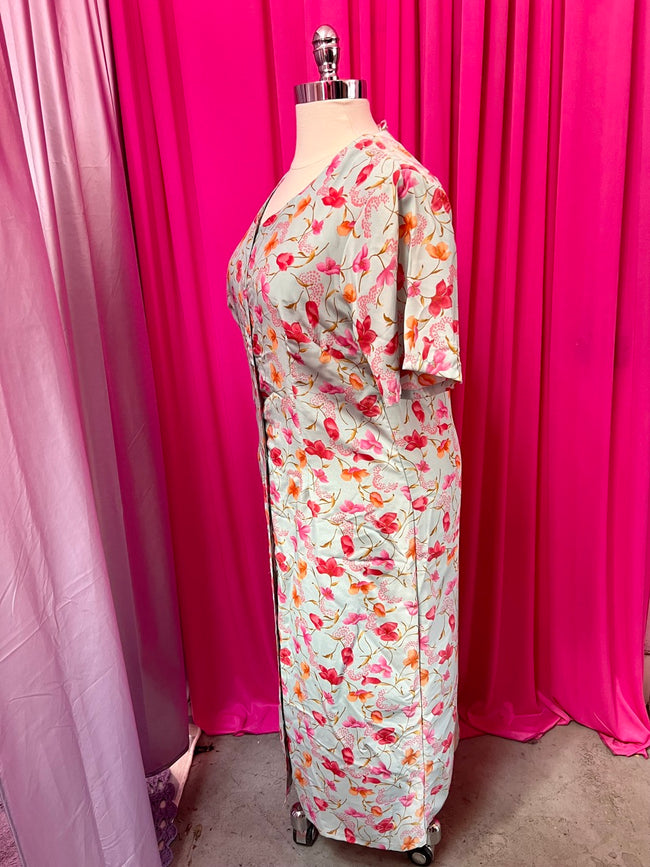 80s Jessica Bloom Baby Blue, Pink, and Orange Button Up Maxi Dress - 2X