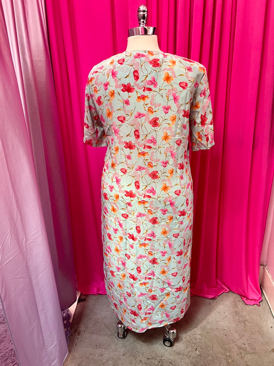 80s Jessica Bloom Baby Blue, Pink, and Orange Button Up Maxi Dress - 2X