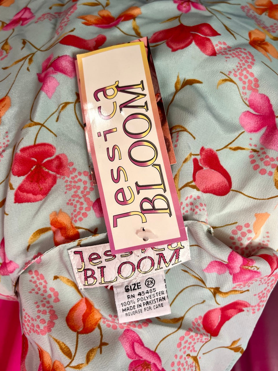 80s Jessica Bloom Baby Blue, Pink, and Orange Button Up Maxi Dress - 2X