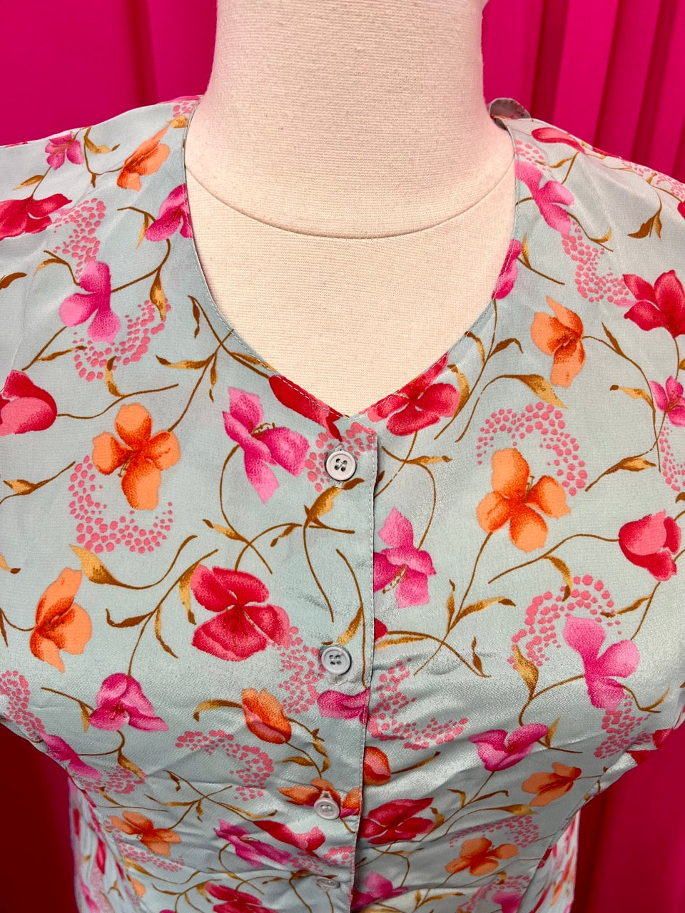 80s Jessica Bloom Baby Blue, Pink, and Orange Button Up Maxi Dress - 2X