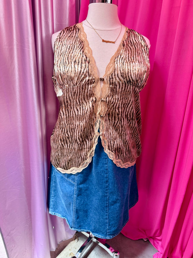 Y2K Lace and Satin Animal Print Top - 2X