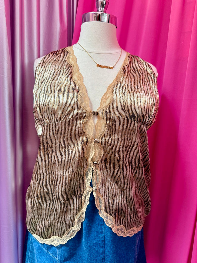 Y2K Lace and Satin Animal Print Top - 2X