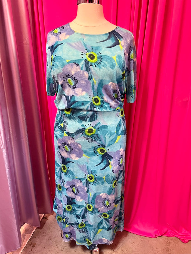 90s Stretchy Blue and Green Poppies Two Piece Set