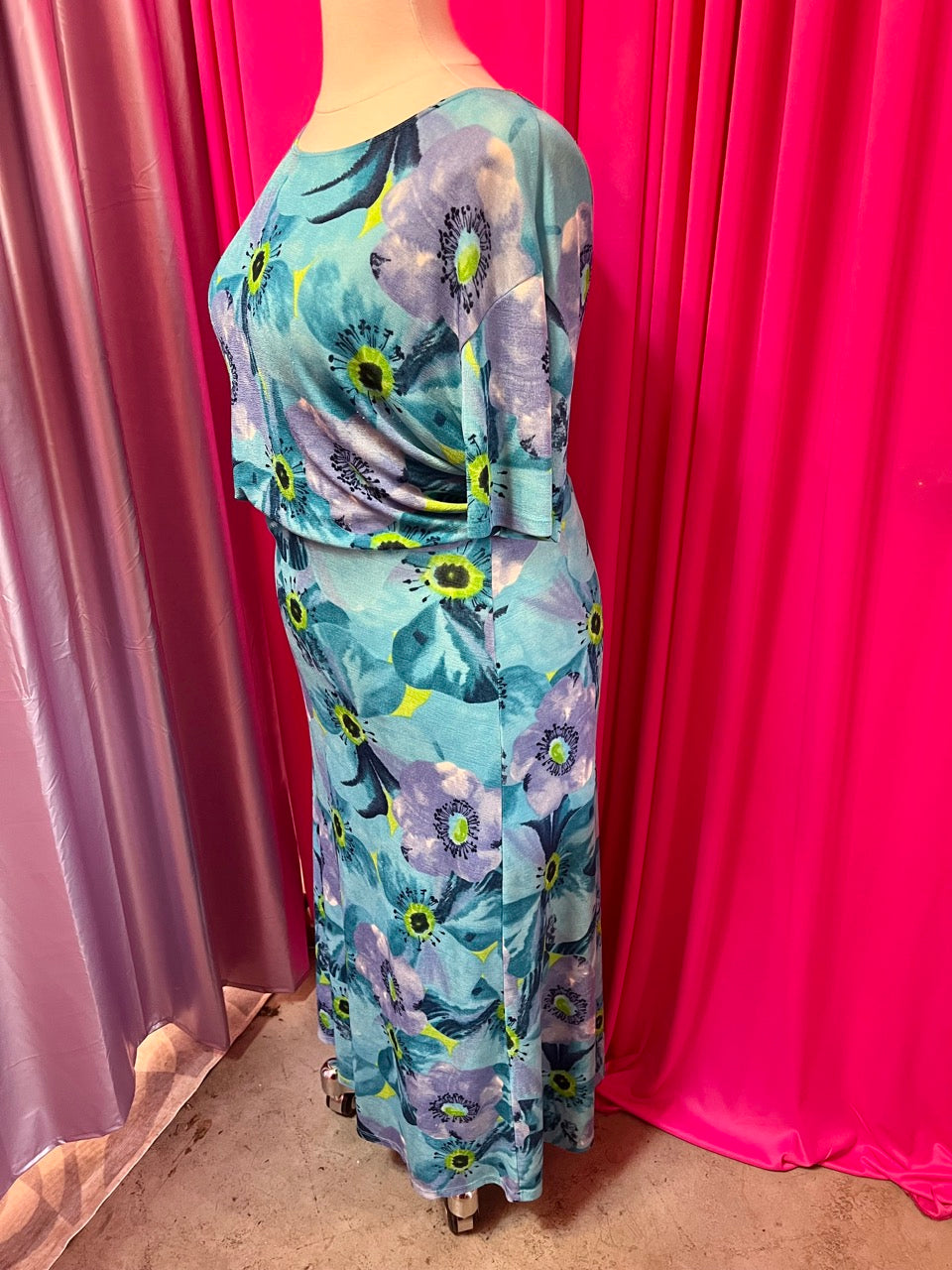 90s Stretchy Blue and Green Poppies Two Piece Set