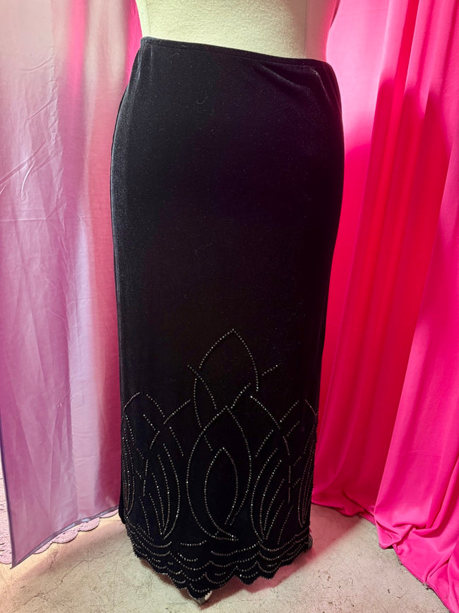 90s Black Velvet and Beads Skirt - Size 16 (fits larger)