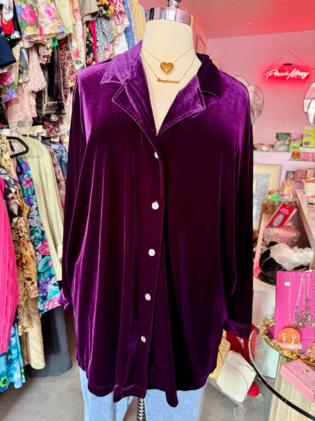 Y2K Velvet Eggplant Button Up - Size 30/32