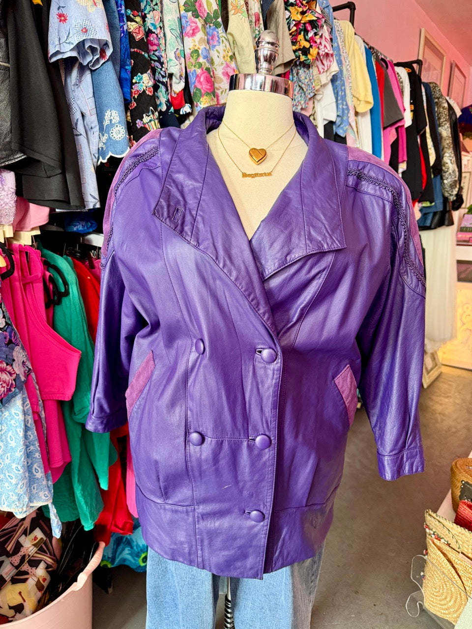 80s Purple Double Breasted Leather Jacket - Size 20