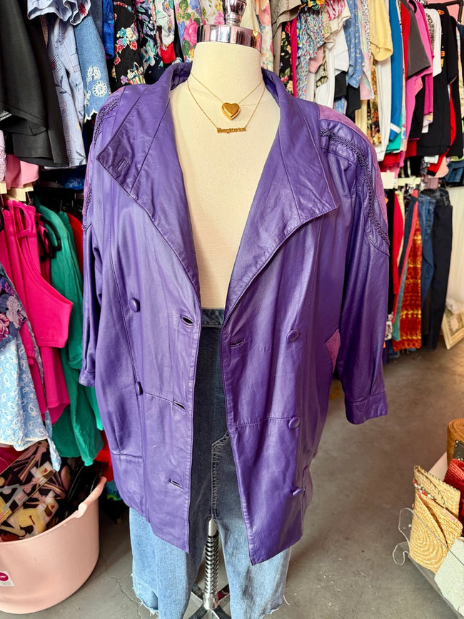 80s Purple Double Breasted Leather Jacket - Size 20