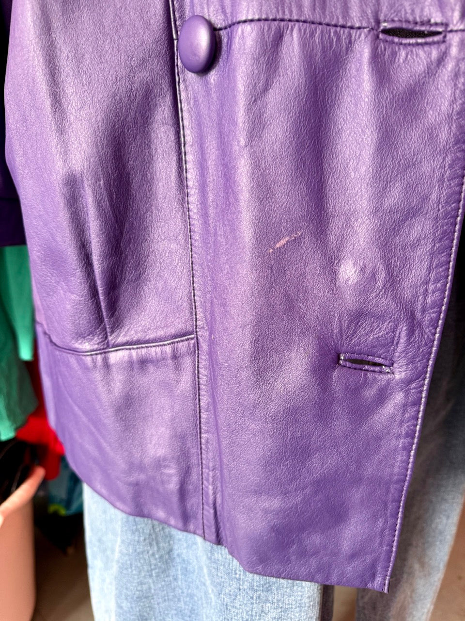 80s Purple Double Breasted Leather Jacket - Size 20