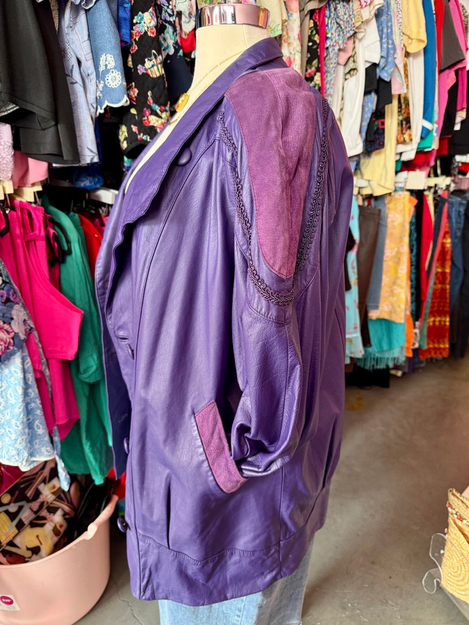 80s Purple Double Breasted Leather Jacket - Size 20