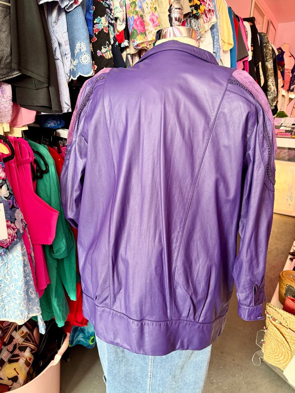 80s Purple Double Breasted Leather Jacket - Size 20