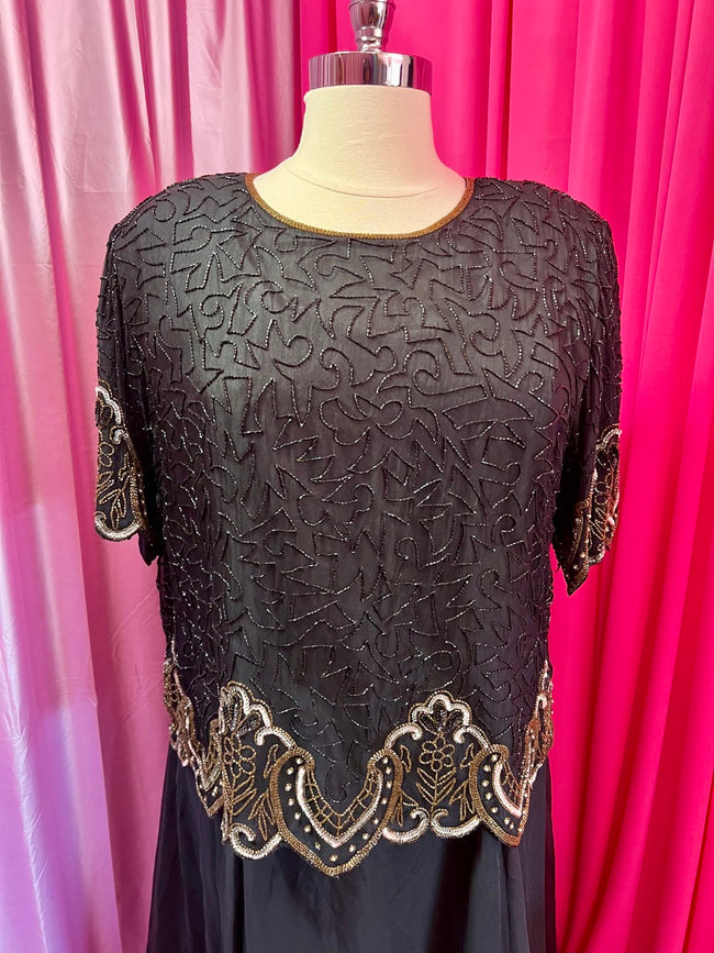 80s Black and Gold Beaded Squiggle Blouse - Size 4X