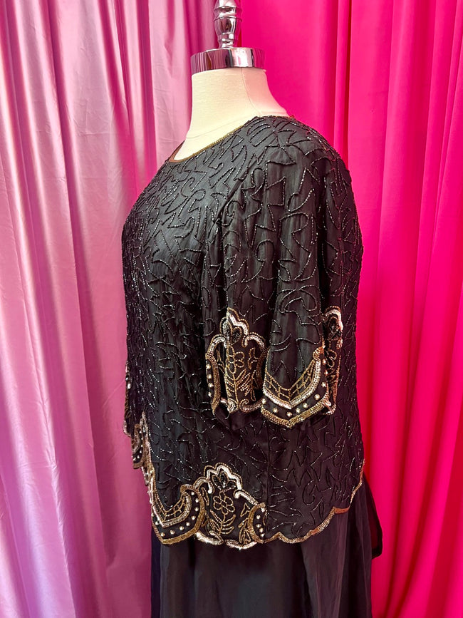 80s Black and Gold Beaded Squiggle Blouse - Size 4X