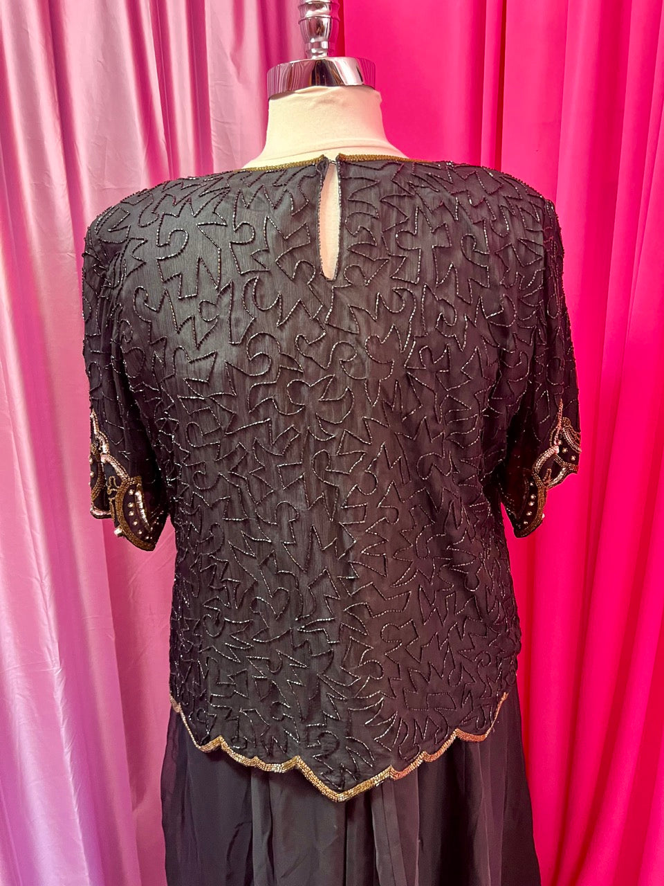 80s Black and Gold Beaded Squiggle Blouse - Size 4X