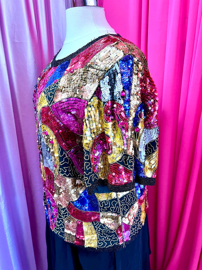 80s Abstract Shapes Bead and Sequin Blouse