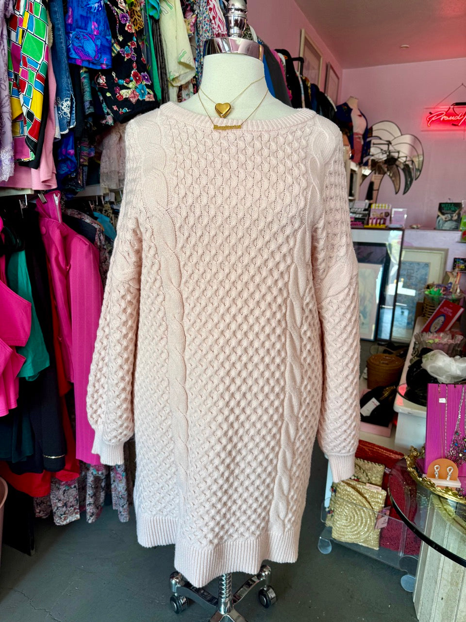 Classic Cable Knit Powder Pink Sweater Dress with Bow - Size 22/24