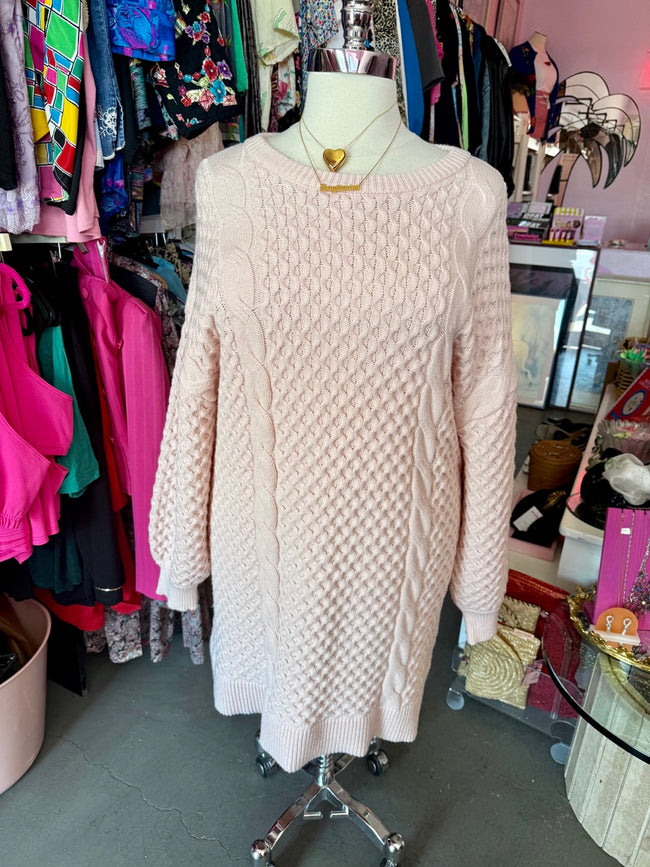 Classic Cable Knit Powder Pink Sweater Dress with Bow - Size 22/24
