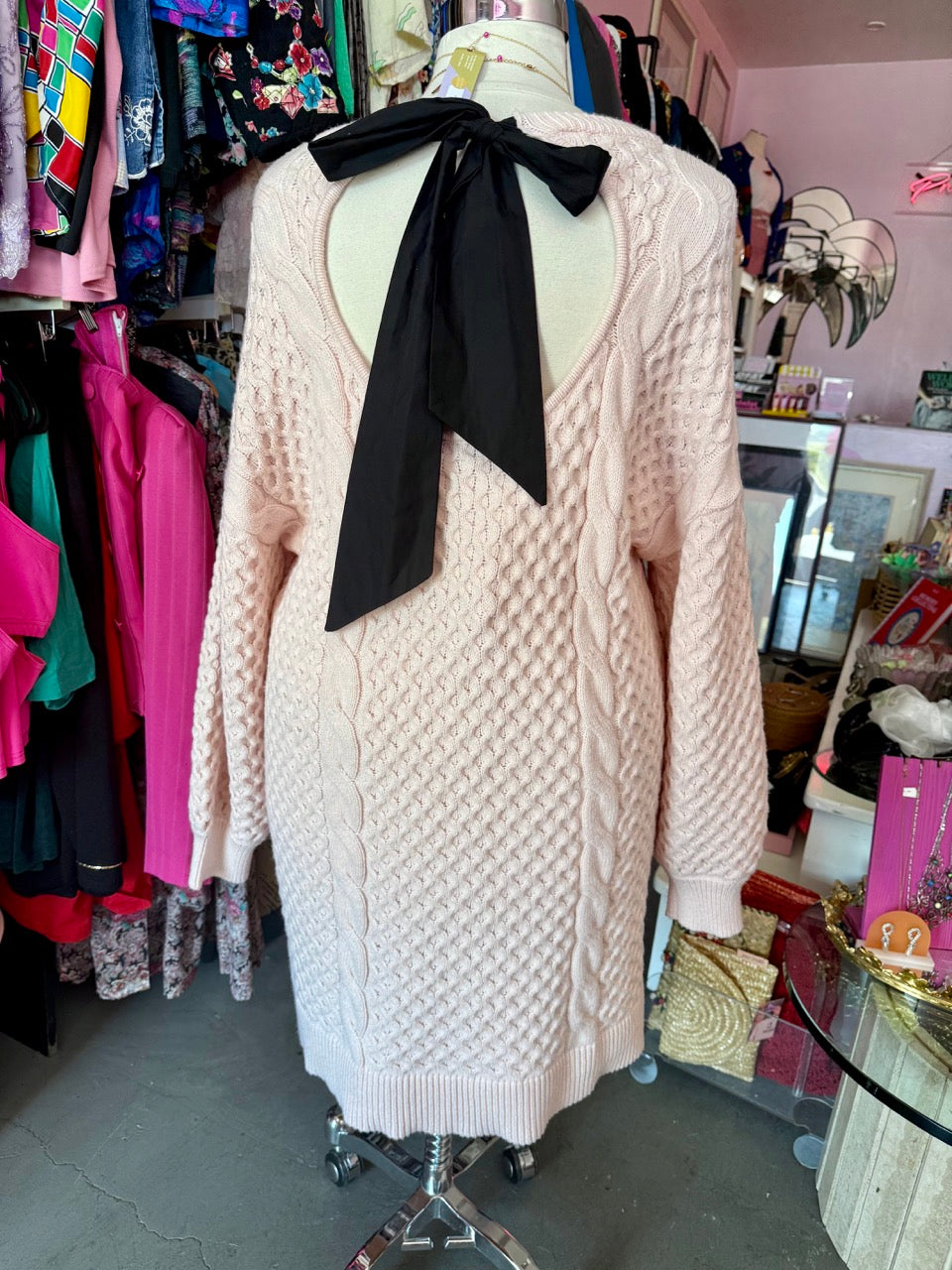 Classic Cable Knit Powder Pink Sweater Dress with Bow - Size 22/24