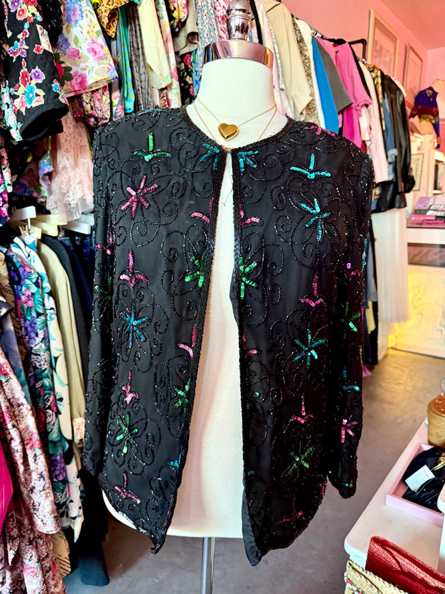 80s Shine Bright Sequin and Beads Jacket - Size 12 XL