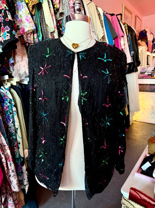 80s Shine Bright Sequin and Beads Jacket - Size 12 XL